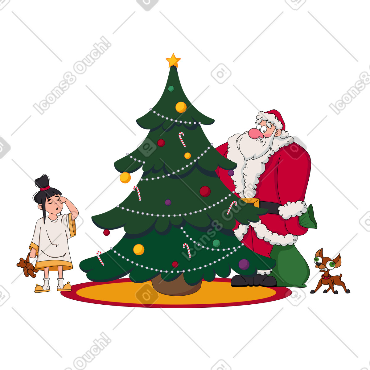 Santa Camp スタイルの 怯えるサンタと目覚めた少女 のイラストをPNG、SVG形式でダウンロード