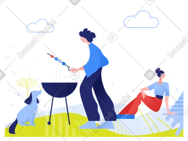 Man, woman and dog on summer bbq in the nature PNG, SVG