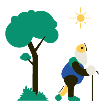 An elderly man with a cane near a tree - Spot style illustration