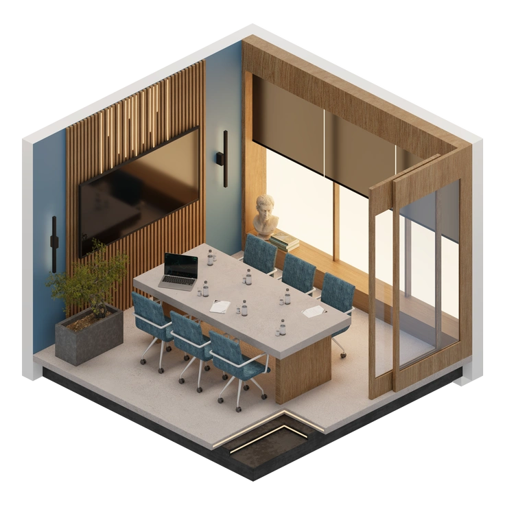 A cozy fireplace with stockings and a chair - 3D Rooms style illustration