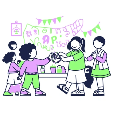 Two children are standing in a lively school event setting. One child, with curly hair, is holding out a handmade bracelet adorned with colorful beads. The other child, with straight hair tied in a ponytail, is reaching out to accept the bracelet with a smile. They are surrounded by a backdrop of banners and decorations celebrating friendship. Other children are engaged in various activities in the background, and a table filled with craft supplies is visible nearby. The atmosphere reflects excitement and camaraderie.