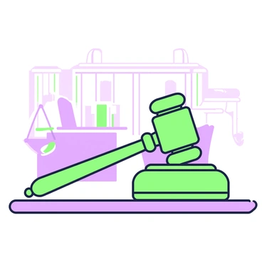 A close-up view of a vintage wooden gavel resting on a polished wooden surface. The gavel is prominently displayed, showcasing its intricate craftsmanship and fine details. The head of the gavel is slightly larger in proportion to the handle, revealing the wear and patina from years of use. A backdrop featuring blurred elements of a courtroom setting subtly hints at its historical significance, with a faint outline of books and a podium visible in the background.