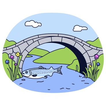 A trout with shimmering scales is swimming gracefully beneath an old stone bridge. The bridge features rough, weathered stones and has a gentle arch. The water below is clear and rippling, reflecting the greenery of the surrounding countryside. Tall grasses and wildflowers grow along the riverbank, adding color to the serene landscape. The scene is set under a bright blue sky with a few fluffy white clouds drifting by.