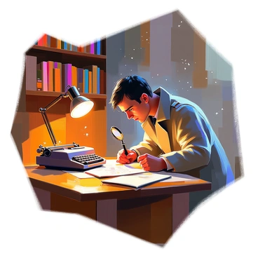 A detective with short dark hair and wearing a classic trench coat is examining clues on a wooden desk in a dimly lit study. The room is filled with tall bookshelves packed with an assortment of books, some stacked haphazardly. A small desk lamp emits a warm glow, casting shadows across the room. The detective is leaning over a magnifying glass, closely inspecting a piece of evidence. A notepad and a vintage typewriter sit nearby, adding to the atmosphere of investigation. Dust particles are visible in the air, illuminated by the soft light.