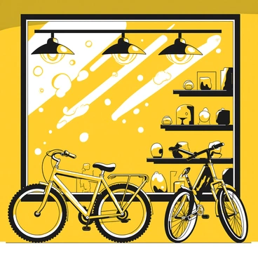 A bike shop interior filled with various bicycles, their frames reflecting the warm lights from overhead fixtures. The shop has shelves lined with bike accessories and helmets. Outside, raindrops create a speckled pattern on the window, distorting the view and capturing the reflections of the lights inside. The scene conveys a cozy atmosphere in the evening, with the glow illuminating the shapes and silhouettes of the bikes.