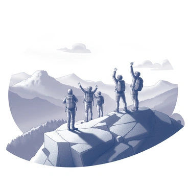 A group of four hikers standing triumphantly at the summit of a mountain. The hikers are wearing backpacks and outdoor gear. They are positioned on a rocky outcrop, with one person raising their arms in celebration. Below them, expansive valleys stretch out, filled with detailed textures of forests and ridges. The sky is vast, with a few scattered clouds. The hikers are gazing at the breathtaking landscape, showcasing their achievement in the great outdoors.