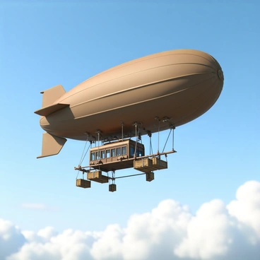 A vintage airship with a large, rounded envelope in a muted brown color, floating gracefully in a clear blue sky. The airship features an ornate, metal gondola suspended beneath, with large windows and decorative elements. Cargo nets hang off both sides of the airship, with various wooden crates securely fastened within the nets. Beneath, fluffy white clouds dot the sky, creating a sense of depth and movement. The sun shines brightly, casting soft shadows on the airship and highlighting its elegant design.