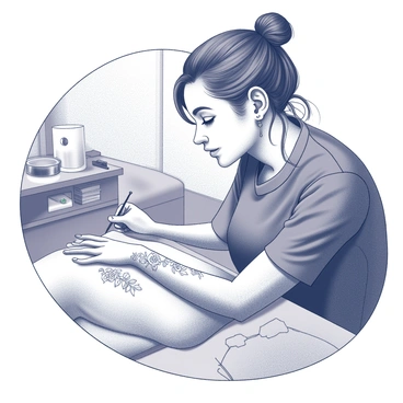 A skilled piercing artist tattooing a beautiful floral design around a piercing.