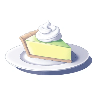 A slice of key lime pie presented on a simple white plate. The pie has a smooth and creamy texture, with a vibrant yellow filling that captures the essence of key lime flavor. A generous dollop of whipped cream sits on top of the pie, adding a soft, fluffy contrast to the filling. The crust is a golden-brown, crumbly texture, shaped to hold the filling securely. The plate rests on a wooden surface, enhancing the presentation of this dessert.