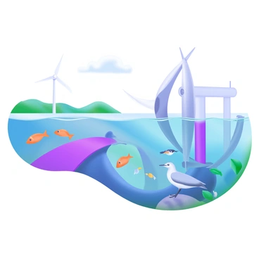 A modern pastel illustration depicting a tidal energy site with large underwater turbines partially submerged in clear blue water. Various native wildlife, such as a group of playful seals swimming nearby, and a heron standing on a rock at the water's edge, are interacting harmoniously with the setting. There are schools of colorful fish swimming around the turbines, and in the background, a lush green coastline framed by gentle waves. Above the scene, a clear sky is dotted with a few fluffy white clouds, emphasizing the balance between technology and nature.