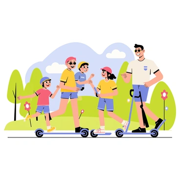 A family of four riding mini segways on a bright, sunny day. The parents are smiling, wearing sunglasses and casual summer clothing. The two children, a boy and a girl, are wearing colorful helmets and laughing as they ride alongside their parents. The scene includes a clear blue sky with a few fluffy white clouds. A grassy park area is in the background, dotted with colorful flowers and tall green trees.