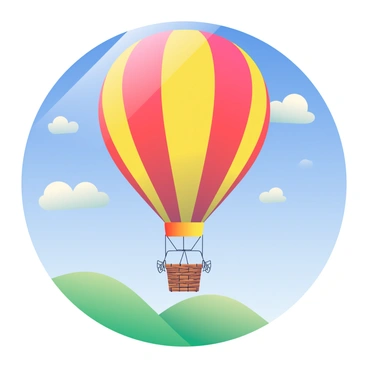 A colorful hot air balloon is soaring high in the sky. The balloon features vivid stripes in red, yellow, and blue. Below, there is a wicker basket with cargo nets securely attached to its sides. The sky is bright blue with a few fluffy white clouds scattered throughout. The sun is shining down, casting soft shadows on the landscape below. In the distance, green hills are visible, creating a serene backdrop to the scene.