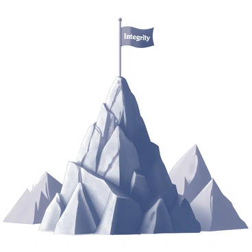 A mountain peak with a flag that reads 'Integrity' at the summit