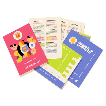 A flat lay of several vintage match day programs from historic Manchester United games. Each program features a glossy cover with stylized illustrations of iconic players and vibrant team colors. One program shows a classic red background with the Manchester United crest prominently displayed at the top. Another program has a blue cover highlighting the opposing team, while the date and location of the match are printed in bold text. Stacks of programs are arranged neatly, with a few partially opened to reveal pages filled with historical match details and player statistics. A soft shadow falls across the surface, emphasizing the texture of the paper.