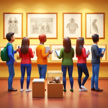 A group of art students in a Canadian museum, observing cultural illustrations displayed on the walls. The students are engaged in discussions, sketching in their notebooks, and taking notes on their observations. Various artifacts are placed in display cases nearby, showcasing traditional crafts and historical items. The lighting in the museum highlights the intricate details of the illustrations and artifacts.