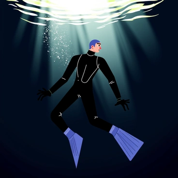 A diver in a sleek black wetsuit is captured mid-dive, arms extended gracefully as they plunge into the water. Bubbles trail behind them, creating a sense of motion and fluidity. The water around them is dark and deep, with hints of blue and green reflecting off their body. The diver's face is focused, showcasing a sense of determination. Sunlight filters through the water's surface, creating beams of light that illuminate parts of the scene.