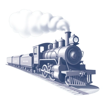A vintage steam engine is traveling along railroad tracks. The locomotive is adorned with intricate details, showcasing its mechanical engineering and design. Thick clouds of vapor are billowing from the smokestack, creating a dramatic effect against the surrounding environment. The engine is accompanied by a series of connected train cars, emphasizing its rugged functionality. The tracks curve slightly in the foreground, leading the viewer's eye toward the horizon where the engine is heading.