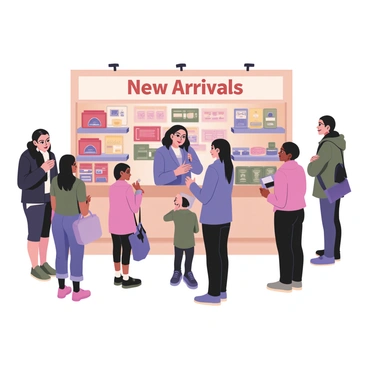 A sales person standing behind an exhibition booth, engaging with visitors. The sales person is a woman with long dark hair, wearing a bright blue blouse and black pants. She is smiling and gesturing towards the displays. The booth is filled with colorful product displays, showcasing various items in vibrant packaging. There are red, yellow, and green products arranged neatly on shelves, along with a large banner above that reads "New Arrivals" in bold letters. Several visitors of diverse backgrounds are interacting with the products, some are holding brochures while others are examining items closely. The atmosphere is lively and inviting, filled with excitement about the products.