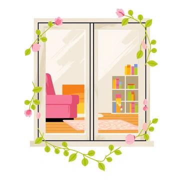 A rustic wooden window frame with peeling paint and a weathered texture. Delicate rose vines with soft pink blossoms are gracefully draped around the edges of the window. Through the window, a cozy room is visible, featuring a warm, glowing fireplace and a plush armchair. Soft light spills into the scene, highlighting the inviting atmosphere inside. A small bookshelf filled with colorful books is positioned beside the armchair, and a patterned rug is placed on the wooden floor.