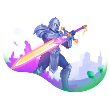 A warrior standing in a dynamic pose, brandishing a sword that emits a bright, plasma-like glow. The warrior is clad in intricate armor with sharp details and a blend of metallic colors, reflecting the light from the sword. The sword's hilt is adorned with decorative elements that complement its glowing blade. The background features hints of a mystical landscape, with soft, blurred colors that enhance the vibrant glow of the sword. The warrior's expression is fierce and determined, showcasing their readiness for battle.