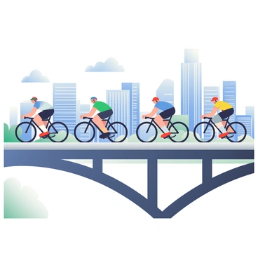A group of five bicyclists is sprinting across a large city bridge. Each cyclist is wearing colorful helmets and tight-fitting jerseys in shades of red, blue, green, yellow, and orange. The bridge is made of gray steel with a modern design featuring arching support beams. In the background, a sprawling city skyline is visible, showcasing a variety of tall buildings with reflective glass windows and distinct architectural styles. The sky is clear with a few fluffy white clouds. The sunlight casts dynamic shadows on the bridge surface, emphasizing the speed of the cyclists as they race toward the horizon.