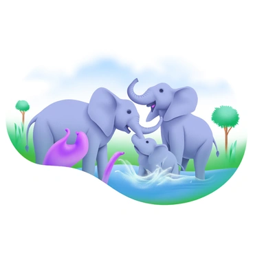 A modern pastel illustration featuring a group of four elephants in a lush green landscape. The elephants are depicted in various poses; one is playfully splashing water with its trunk, another is gently nudging a younger elephant, while a third elephant stands nearby, flapping its large ears. In the background, tall grass and scattered trees create a sense of depth, with a clear blue sky overhead. The scene captures the joyful interaction among the elephants, highlighting their large, gray bodies and distinctive features.