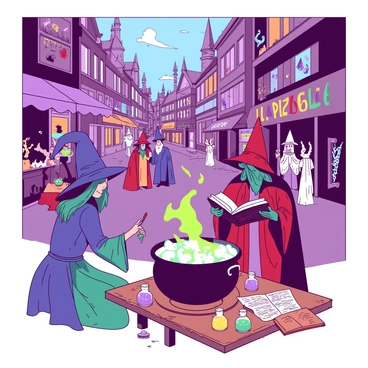 A vibrant scene depicting a bustling town filled with wizards and witches engaged in various magical tasks. In the foreground, a teal witch is stirring a large bubbling cauldron, surrounded by colorful potions in glass vials on a wooden table. Nearby, a red wizard is expertly flipping through an ancient book, with glowing runes floating above the pages. In the background, a group of wizards is animatedly discussing spells while a witch is levitating items with a wave of her wand. The streets are lined with enchanting shops displaying mystical artifacts and shimmering crystals, creating a lively and dynamic atmosphere.