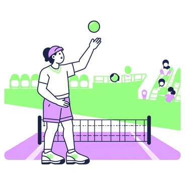 A tennis player is juggling three tennis balls while standing on a tennis court. The player is wearing a white sports jersey and matching shorts, along with tennis shoes. Their expression shows concentration as they skillfully keep the balls in the air. The court is marked with white lines, and a net stretches across the middle, dividing the court into two halves. In the background, there are green bleachers with a few spectators watching the performance.