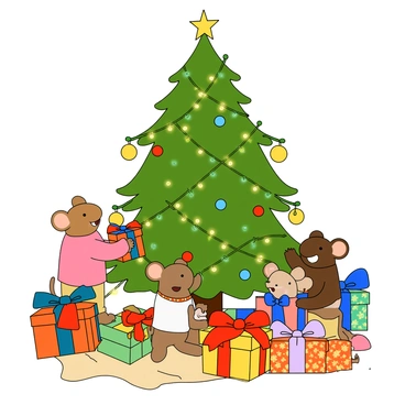 A group of cheerful Maileg mice, each wearing colorful and festive clothing, are gathered around a beautifully decorated Christmas tree. The tree is adorned with twinkling lights, shiny ornaments, and a sparkling star on top. The mice are eagerly unwrapping various presents, which are wrapped in bright, patterned paper with large bows. Some of the presents are open, revealing toys and sweet treats. The scene is filled with holiday cheer, as the mice smile and chatter excitedly while surrounded by a cozy atmosphere. There are a few scattered pine needles on the floor and a soft blanket laid out beneath the tree.