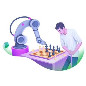 A robot arm positioned at a chessboard, skillfully maneuvering a black pawn. Opposite the arm, a human player leans forward, attentively observing the game, with a look of concentration on their face. The chess pieces are intricately designed, showcasing a modern aesthetic. The setting includes a wooden table beneath the chessboard and a few scattered chess pieces on the side. A subtle glow highlights the robot arm, emphasizing its mechanical joints and intricate design.
