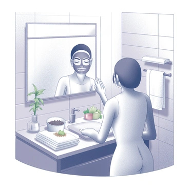 A person is standing in a cozy bathroom, applying an ayurvedic face mask. The individual is looking into a mirror, with one hand spreading the mask evenly across their face. The bathroom features soft lighting, emphasizing the warm atmosphere. Various natural ingredients, such as herbs and botanical elements, are placed on the countertop nearby. Towels and a small plant add to the inviting decor of the space. The tiles and fixtures reflect a serene and tranquil environment.