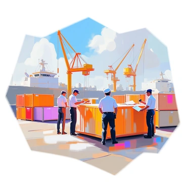 A busy harbor scene featuring several officials in uniform as they check large shipping containers stacked on the docks. The officials are actively inspecting the contents of a container, using flashlights and clipboards. In the background, tall cranes tower over the area, some in the process of lifting containers onto ships. The harbor is filled with various vessels, and the sky above is clear, allowing sunlight to illuminate the scene. The ground is lined with containers of different colors, creating a vibrant and industrious atmosphere.