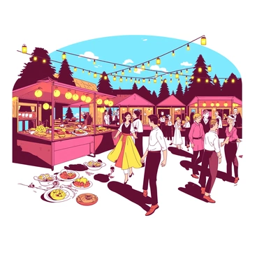 A vibrant scene of a Swedish harvest festival during the evening. Strings of glowing yellow lanterns hang above the lively food stalls, illuminating the area with a warm glow. Various food stalls display an array of traditional Swedish dishes, including colorful pastries and local produce. People dressed in traditional attire engage in folk dances, with some couples twirling gracefully in the center. The background shows trees decorated with additional lanterns, creating an inviting atmosphere filled with joy and celebration.