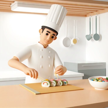A chef, wearing a white uniform and a traditional chef's hat, is seen at a wooden sushi counter. He is skillfully rolling sushi with colorful ingredients, using long strands of spaghetti instead of traditional rice. The chef has a focused expression as he places slices of fresh avocado and vibrant vegetables onto the sushi mat. A bamboo sushi rolling mat is laid out in front of him, and a bowl filled with various sushi fillings, including fish and vegetables, is nearby. The kitchen background features hanging utensils and a bright overhead light illuminating the scene.