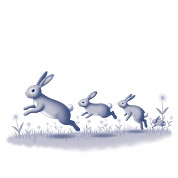 A family of rabbits is hopping across an open field. The rabbits are various sizes, with the largest being an adult and the smaller ones being playful young bunnies. They have long ears and fluffy tails. The field is filled with tall grass, and scattered among it are numerous "cornflowers" in various positions. The sky above is clear and bright, completing the lively scene.