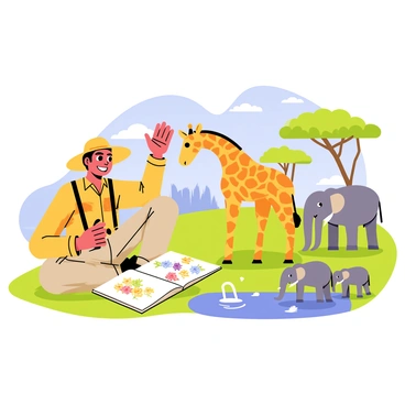 A cartoon explorer wearing a wide-brimmed hat and khaki clothing is sitting on a grassy patch in a savanna. The explorer has a sketchbook open on his lap, filled with colorful drawings of various wild animals. Nearby, a majestic giraffe is bending down to nibble on some leaves from a nearby tree. A group of playful elephants is splashing water nearby in a small pond. In the background, there are acacia trees and a vibrant blue sky with fluffy clouds. The explorer is smiling, concentrating on capturing the essence of the wildlife around him.