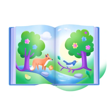 A page from a children's book featuring a vibrant illustration of a magical forest scene. The forest is filled with tall, lush green trees with colorful flowers in various shades of pink, yellow, and blue. Sunlight filters through the leaves, creating a playful dappled light effect on the forest floor. In the foreground, there is a small, sparkling stream with smooth stones and a few curious animals, including a bright orange fox and a cheerful bluebird perched on a branch. Above, gentle wisps of clouds drift in a clear, blue sky.