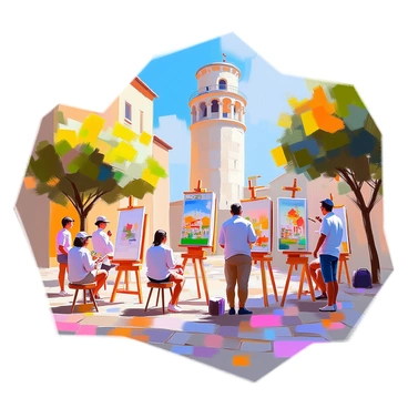 A scene depicting several local artists painting the "Galata Tower" on easels arranged in a vibrant square. Each artist presents their unique interpretation of the tower, showcasing a variety of styles and colors. The tower itself stands tall in the background, its stone structure illuminated by the sunlight. Surrounding the artists, there are lush trees and cobblestone paths, with a few curious onlookers observing the creative process. Some artists are seated on stools, while others are standing, focused on their canvases, capturing the essence of the iconic landmark. The atmosphere is lively, filled with creativity and artistic energy.