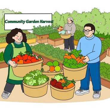 A vibrant community garden filled with various colorful vegetables and fruits. In the foreground, a group of diverse individuals, including a woman with dark curls wearing a green apron and a man with glasses in a blue shirt, are gathering baskets overflowing with fresh produce. The baskets contain ripe red tomatoes, bright orange carrots, and leafy green lettuce. Nearby, a large sign reads "Community Garden Harvest." People are smiling as they hand the baskets to representatives from a local food bank. Behind them, rows of flourishing plants and flowers add to the cheerful atmosphere.