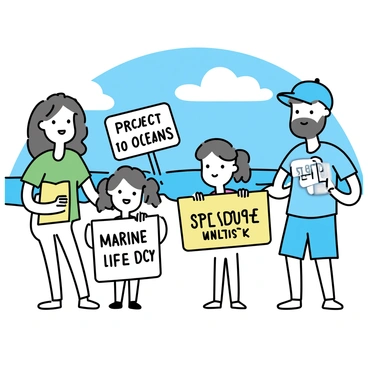 A group of diverse individuals standing on a sandy beach, all holding signs that display messages advocating against ocean pollution. Each sign features clear, bold text such as "Protect Our Oceans," "Save Marine Life," and "Stop Plastic Waste." The people include a woman with long brown hair wearing a green t-shirt, a man with a beard in a blue cap and shorts, and a young girl with pigtails holding a colorful sign. In the background, gentle waves lap at the shore, and the sky is bright blue with a few fluffy clouds.
