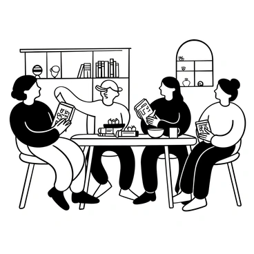 A group of four friends sitting closely around a wooden kitchen table, each holding a comic book. One friend leans forward, pointing at a page while animatedly discussing the story. Another friend looks engaged, flipping through the pages with interest. A third friend has a sketchbook in front of them, doodling inspired by the comic book. The fourth friend has a mug of coffee beside them, nodding enthusiastically. Several comic books are stacked on the table along with some snacks in bowls. The kitchen walls are lined with shelves filled with books and some plants.