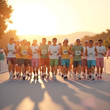 A group of runners, dressed in colorful athletic gear, are positioned at the starting line of a marathon. The scene is set at sunrise, with golden light spilling across the horizon, casting a warm glow on the participants. Some runners have determined expressions, while others appear excited and eager. In the background, silhouettes of trees and distant hills are subtly illuminated by the early morning light. A few spectators can be seen cheering along the sidelines, adding to the atmosphere of anticipation as the race is about to begin.