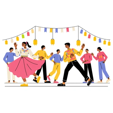 A lively scene depicting people of various cultures engaged in joyful dancing at a cultural festival. In the foreground, a woman wearing a colorful, traditional dress twirls with a bright smile. Next to her, a man in a vibrant, patterned shirt performs a rhythmic step. There are individuals of diverse backgrounds, each showcasing their unique attire. Flags representing different nations are flying overhead, and decorative lanterns are hung around the area. The atmosphere is filled with a sense of celebration and community.