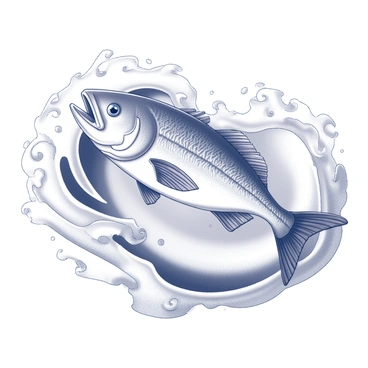 A tattoo design featuring a cod fish in a dynamic pose, with its fins extended and a streamlined body. The fish is depicted with intricate scales and detailed facial features, emphasizing its realistic anatomy. Surrounding the cod fish are stylized ocean waves that flow around it, with curling crests and swirling patterns that suggest movement. The waves have varying thickness and complexity, enhancing the sense of motion. The overall composition balances the fish and the waves harmoniously, creating a sense of connection between the marine life and its environment.