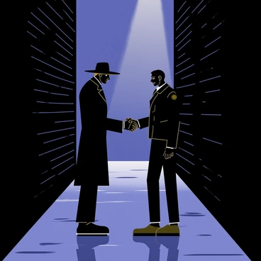 Two figures are standing in a shadowy alleyway, engaging in a handshake. The first figure is wearing a dark trench coat and a wide-brimmed hat, partially obscuring their face. The second figure has a leather jacket and is leaning slightly forward, making the handshake appear firm. Dim streetlights cast soft glows, highlighting the outlines of the figures and the brick walls surrounding them. The ground is wet, reflecting faint light as small puddles form. An air of intrigue surrounds the moment as they connect in this secluded space.