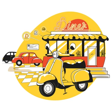 A retro scooter parked in front of a quaint 1950s diner