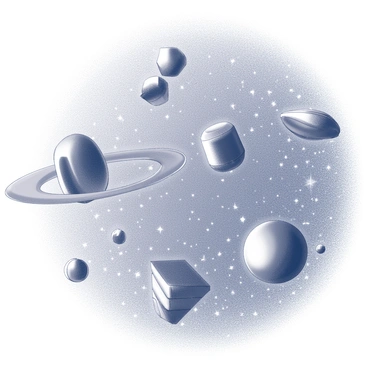 A collection of small metallic objects floating in the thermosphere, illustrating different shapes and sizes of space debris. The objects are scattered throughout the scene, each with distinct features such as jagged edges and reflective surfaces. The backdrop is filled with numerous stars, creating a dense star-filled sky that enhances the depth of space. The arrangement of the debris suggests movement within the orbit, while the vastness of the sky emphasizes the emptiness of the cosmos.