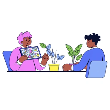 An illustrator is holding a tablet in one hand, displaying a digital portfolio filled with colorful illustrations. The tablet screen shows a variety of artwork, including character designs and landscapes. The client is seated across from the illustrator, showing interest and looking attentively at the tablet. The setting is a modern office with a simple desk and a few potted plants in the background. The lighting is bright, highlighting the details of the illustrations on the tablet.