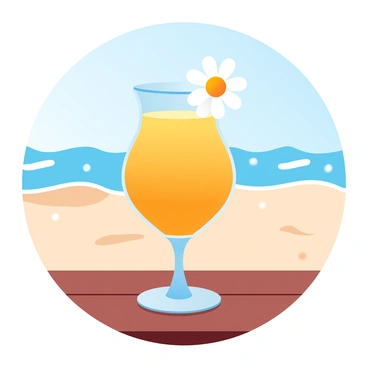 A cocktail glass filled with a vibrant, refreshing summer drink is placed on a wooden beachside table. The drink is a bright color, possibly a mix of orange and yellow, and is adorned with a single "calendula flower" resting on the rim. In the background, soft sand and gently lapping waves are visible, enhancing the beach setting. The table is set against a clear blue sky, creating a warm, sunny atmosphere.