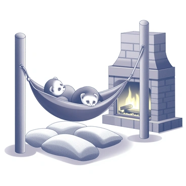 A pair of ferrets curled up together in a cozy hammock. The hammock is suspended between two wooden posts, slightly swaying. The ferrets are nestled closely, with one resting its head on the other’s back. Nearby, a flickering fireplace casts a warm glow, illuminating the room. The fireplace is built with dark bricks and filled with burning logs, creating a lively flame and gentle shadows. The surrounding area features soft blankets and a few cushions, enhancing the feeling of warmth and comfort.
